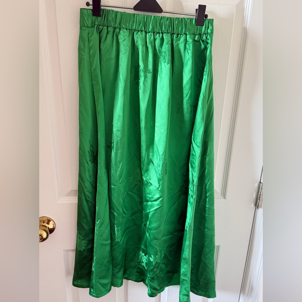 Handmade Green Silk A-Line Skirt Floral Jacquard – Elastic Waist